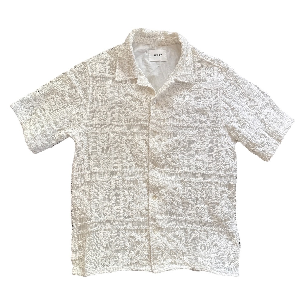 NN07 Julio Camp Collar Crochet Shirt Mens Large White Short Sleeve Button Up